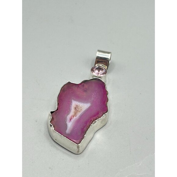 Pink Druzy Quartz Gemstone Pendant Sterling Silver 925 with Pink Glass Stone - Picture 3 of 7